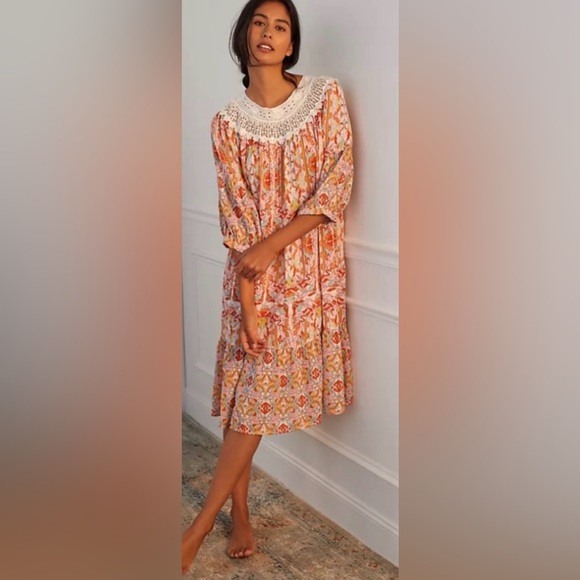 Anthropologie Florence Floral Dress – Lace Collar Cottagecore Boho – Size L NWOT